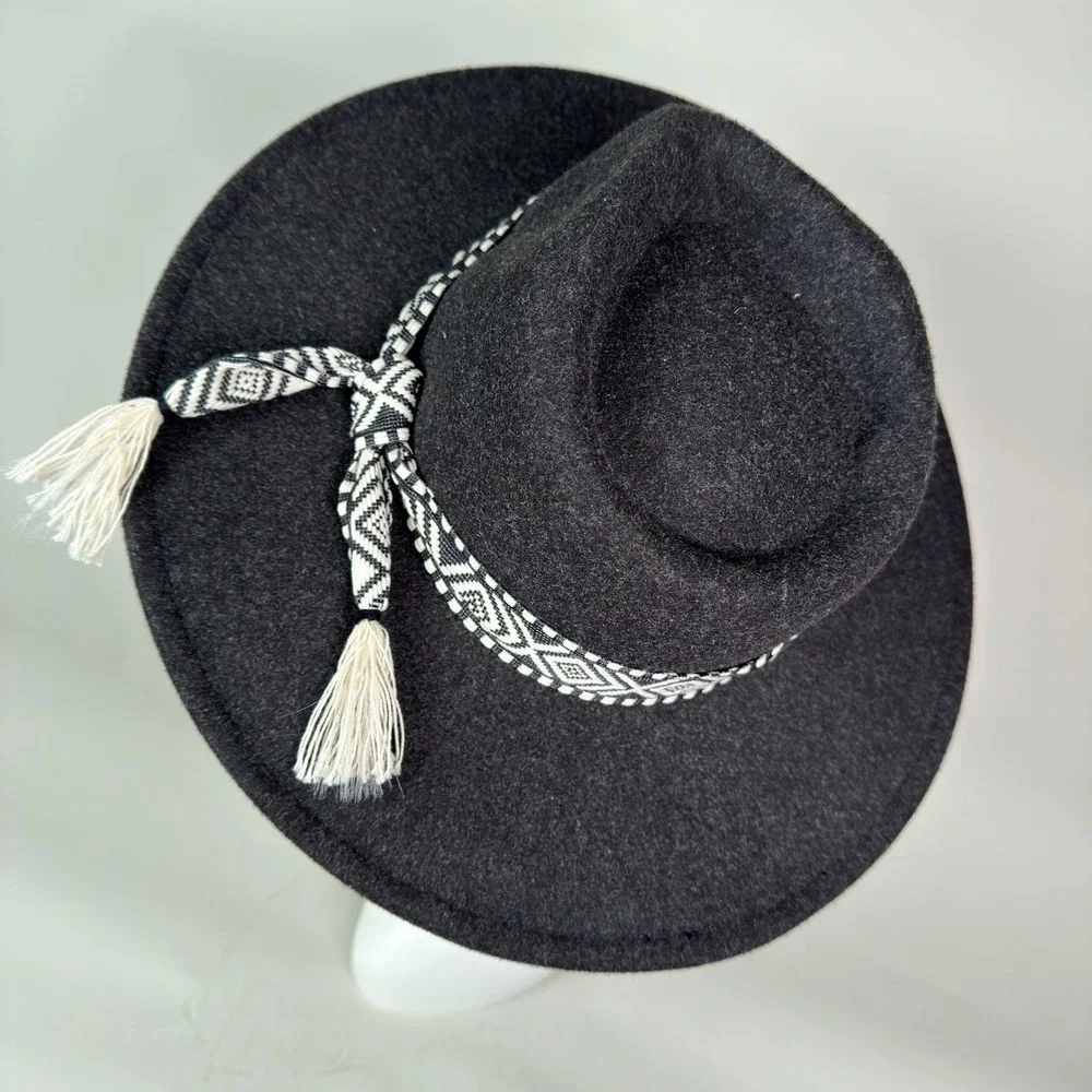 Dark‎ Grey Felt Wide Brim Hat Geometric Pattern Band Tassels